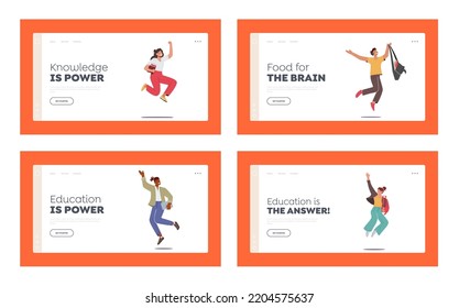 Happy Students Jumping Landing Page Template Set. Schoolboys or Schoolgirls Characters with Backpacks and Textbooks Laughing, Waving Hands, Back to School. Cartoon People Vector Illustration