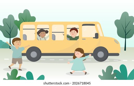 happy students kids in the school bus. Welcome back to the semester. The school arranges shuttle buses for students to travel easily and safely to school. vector illustration back to school concept