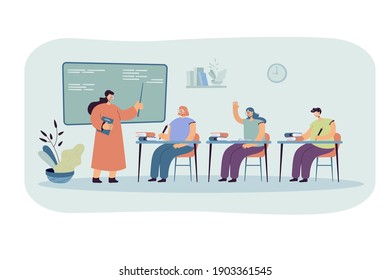 Happy students learning in college flat vector illustration. Cartoon young characters sitting at lesson in classroom and listening teacher. Study and school education concept