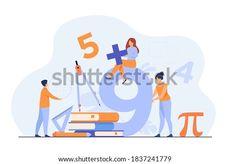 Happy students learning math in college or school isolated flat vector illustration. Cartoon digits, geometry figures, algebra formulas and arithmetic symbols. Education and knowledge concept
