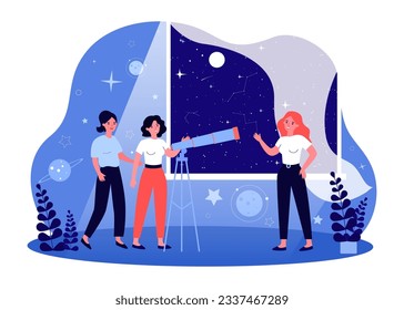 Estudiantes felices mirando las estrellas en la ilustración vectorial nocturna. Niñas mirando fijamente a casa, usando telescopio, aprendiendo astronomía y viendo caer estrellas. Astronomía, ciencia, concepto de imaginación