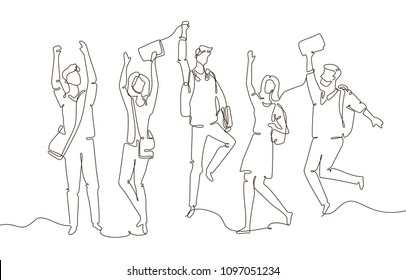 Happy students - one line design style illustration isolated on white background. Composition with cheerful boys, girls standing with bags and books, jumping with joy. Perfect for presentations