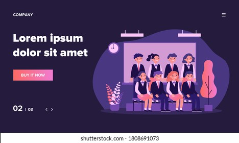 Happy students posing for photo in classroom. Cheerful teen girls and guys in school uniforms sitting and standing at blackboard. Vector illustration for photography, classmates, education concept