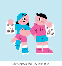 Alunos Felizes Orgulhosamente Exibindo Uma Nota. Aluno feliz se sentindo orgulhoso depois de terminar o dever de casa.
