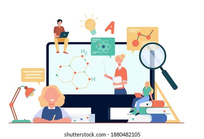 Happy students or pupils watching study webinar isolated flat vector illustration. Cartoon teacher teaching college course online. Computer education and graduation concept