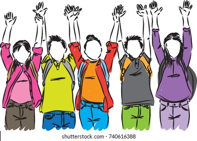 happy students raising hands vector illustration