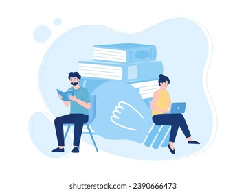 happy students reading books  with laptops trending concept flat illustration