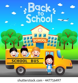 Happy Students Riding School Bus Going Back to School. Vector Illustration
