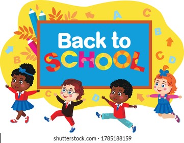 Happy students run to school. Vector image on a background of letters, autumn leaves and colored pencils.