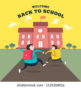 Happy students running to school. Back to school concept. vector