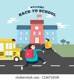 Happy students running to school with school bus. Back to school concept. vector