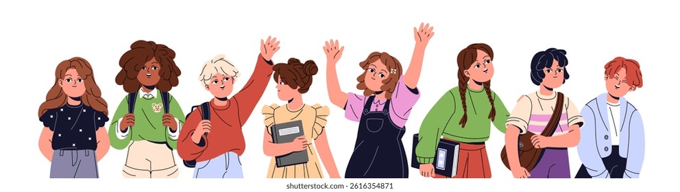 Happy students say Hello with hand gestures, waving together. Group of pupils is greeting. Funny kids rejoice, welcome. Back to school concept. Flat isolated vector illustration on white background