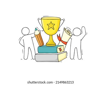 Happy students with school award, trophy cup on books stack for success in education. Vector doodle illustration of academic reward in college or university, prize for winner in contest or competition