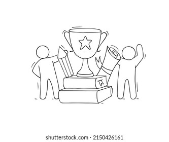 Happy students with school award, trophy cup on books stack for success in education. Vector doodle illustration of academic reward in college or university, prize for winner in contest or competition