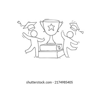 Happy students with school award, trophy cup on books stack for success in education. Vector doodle illustration of academic reward in college or university, prize for winner in contest or competition