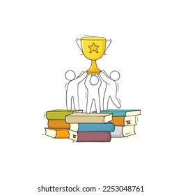 Happy students with school award, trophy cup on books stack for success in education. Vector doodle illustration of academic reward in college or university, prize for winner in contest or competition