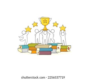 Happy students with school award, trophy cup on books stack for success in education. Vector doodle illustration of academic reward in college or university, prize for winner in contest or competition