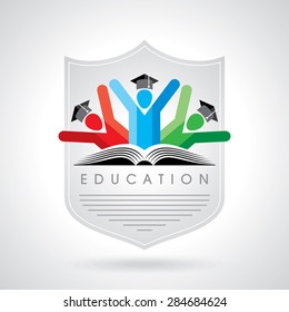 happy students with shield icon. educational symbol