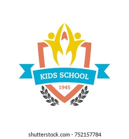 happy students with shield icon. educational symbol vector logo template