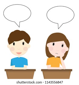 Happy students are sitting at the desk and talking with speech bubble.Vector illustration character design.