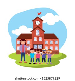 happy students smiling waving hand at school .vector illustration
