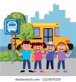 happy students smiling waving hand wating bus .vector illustration