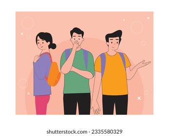 Happy students standing with their friends carrying bags to go home, studying education at university. Character design. Vector flat illustration