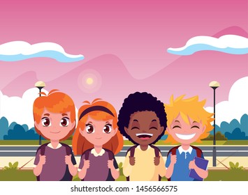 happy students in the street back to school