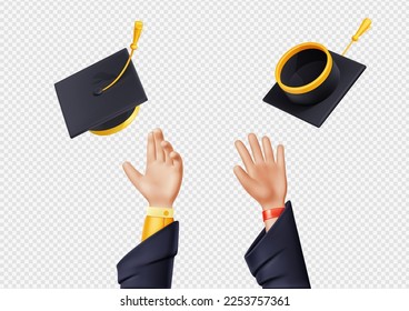 Happy students throw up graduation caps and certificate scrolls in air. People hands, flying black academic hats and rolled diplomas on white background, 3d render illustration. 3D Illustration