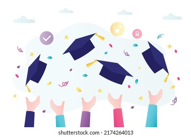 Happy students throws square academic cap into sky. Ceremony of awarding diplomas or certificates. Hands tossing graduation hats up. Successful completion of university or college. Vector illustration