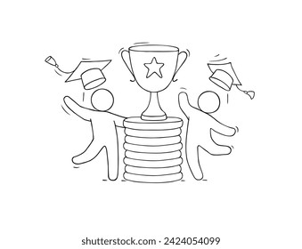 Happy students with trophy, reward, invest money in education. Concept of tuition cost, scholarship, school grant. Vector hand drawn illustration with character, gold coins, graduation cap