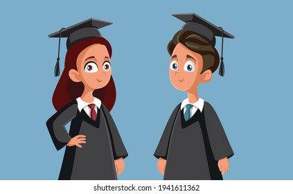 
Happy Students Wearing Academic Gowns and Graduation Caps. Teenagers completing studies graduating from school
