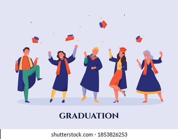 Happy students wearing blue mantles throwing caps at graduation party flat vector illustration