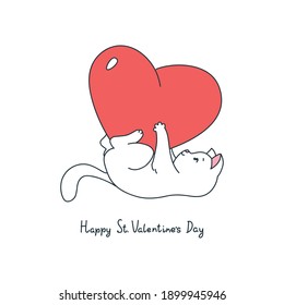 Happy St.Valentine's day. Illustration of a cute cat playing with a big pink heart. Vector 10 EPS 