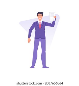 Happy stylish businessman performing legal paper document agreement, contract, successful deal vector flat illustration. Smiling male professional employee celebrating pact, covenant page isolated