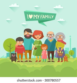 Happy stylish family posing together on city background. Portrait of six member: parents with kids, grandmother, grandfather, dog and cat. Vector colorful illustration in flat design