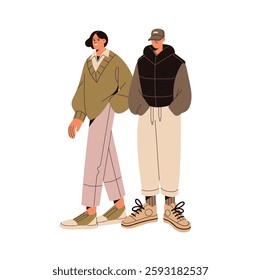 Happy stylish friends walk together in trendy autumn outfit. Young men in fashion clothes stroll. People in sneakers, warm vest outdoors. Flat isolated vector illustration on white background