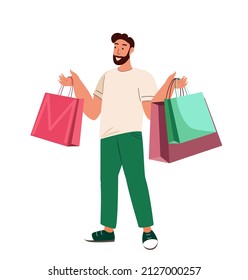 Happy Stylish Man cargando muchas bolsas de compras. Comprador de moda con compras en manos. Comprador después de la venta.Cliente de moda llevando muchos paquetes. Ilustración vectorial plana aislada en fondo blanco