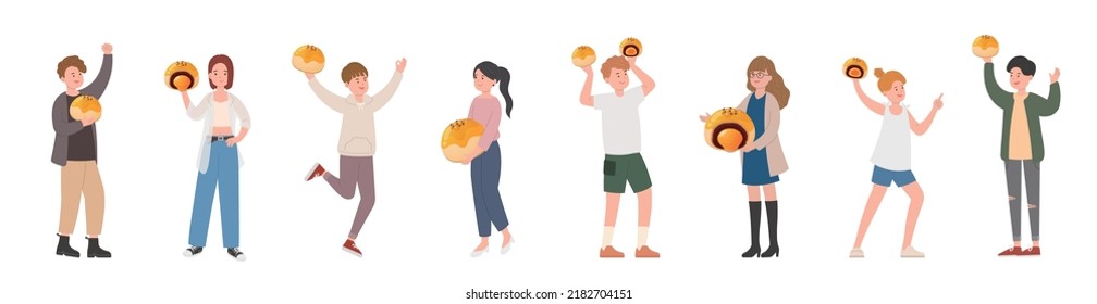 Happy stylish men and women celebrating mid-autumn festival with delicious traditional food: moon cakes