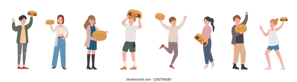 Happy stylish men and women celebrating mid-autumn festival with delicious traditional food: moon cakes