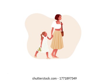 Happy stylish mother with daughter. Mom holds her daughter's hand. Happy mother's day. Isolated on white background. Cartoon style. Vector illustration