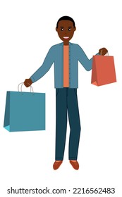 Happy Stylish shopper black guy después de la venta sosteniendo bolsas de compras con compras en las manos, Ilustración plana vectorial aislada en fondo blanco
