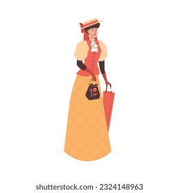 Happy stylish victorian woman in gloves holding umbrella and little bag flat style, vector illustration isolated on white background. Decorative design element, historical costume, smiling character