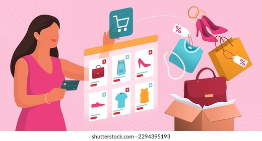 Happy stylish woman doing online shopping on a virtual interface application, she is paying with a credit card