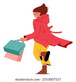 Happy stylish woman shopaholic cartoon character wearing autumn coat clothing running with lots of shopping bags isolated on white. Fashionable girl rejoicing purchases time vector illustration