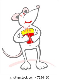 Happy stylized mouse and gift box on a white background.