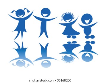 Happy stylized silhouettes of kids on a blue-light background