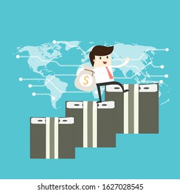 Happy success business man stand on a lot of money earnings