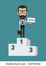 happy success businessman on first podium with briefcase and sign