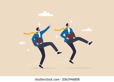 Happy success businessman partner with cheerful jumping metaphor of success in work or career, optimistic or positive thinking, celebrating goal achievement or freedom after work or Friday concept.